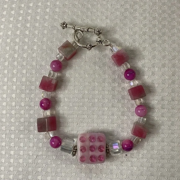 Handcrafted Glass, Hot Pink Agate and Candy Quartz Bracelet and Earrings Set - Picture 2 of 6